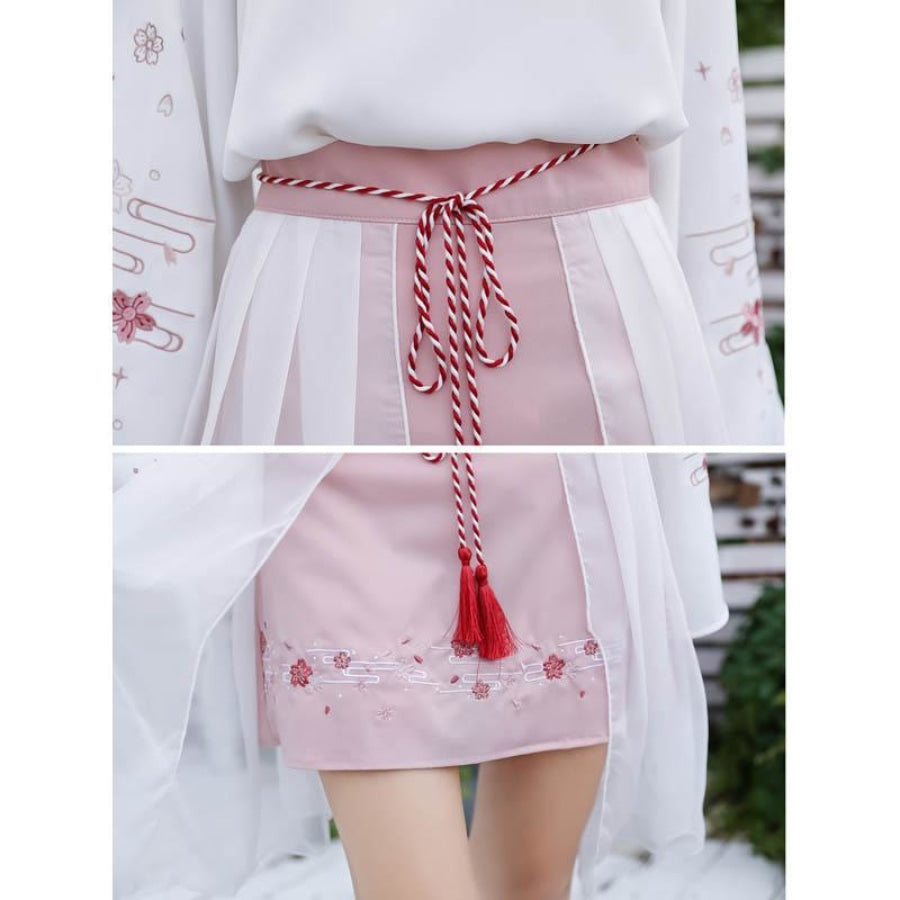 Sweet Sakura Embroidery Tassels Tulle Skirt Pink / S