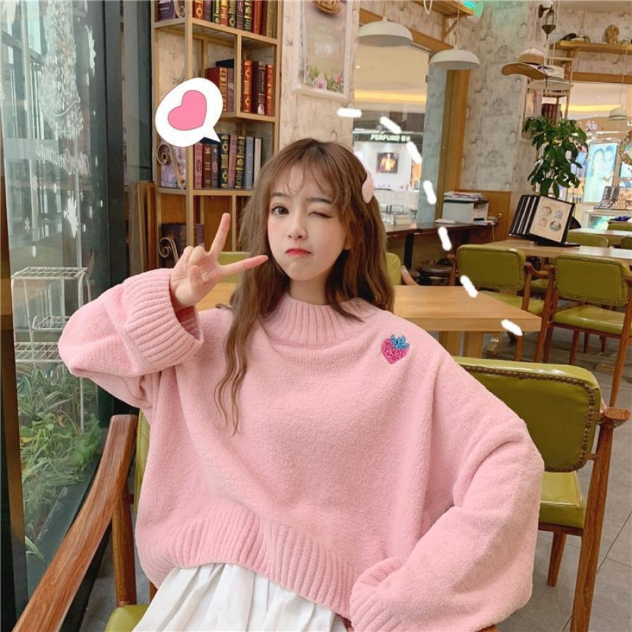 Kawaii Lady Sweater Jumper Pullover Cute Strawberry Loose Knitted Top Pink  Sweet