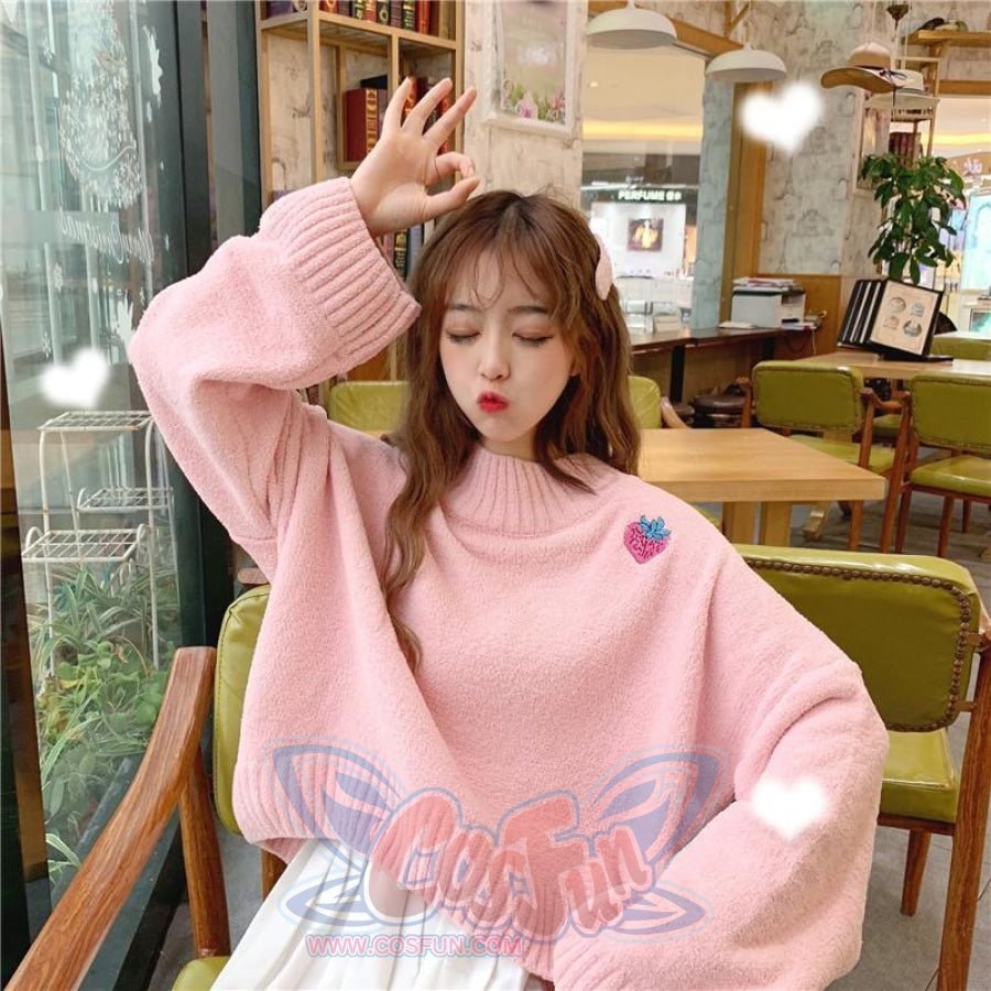 Sweet Strawberry Embroidery Loose Sweater Sweatshirt