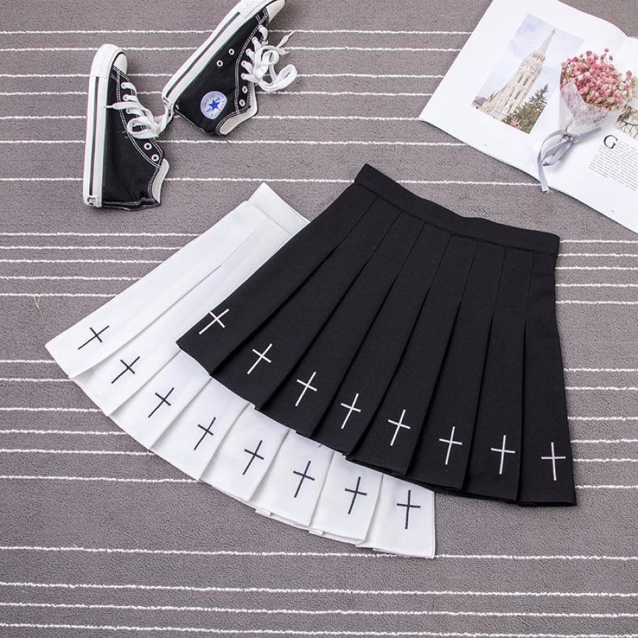 The Cross Embroidery High Waist Pleated Skirt J40017