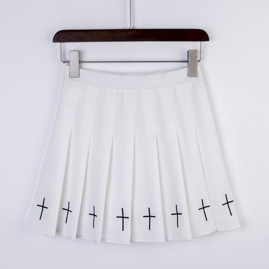 The Cross Embroidery High Waist Pleated Skirt J40017 White / S