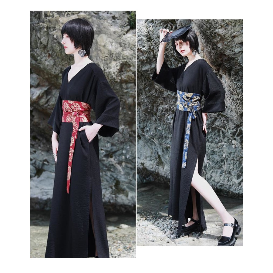 V-Neck Cool Slit Kimono Improved Black Dress