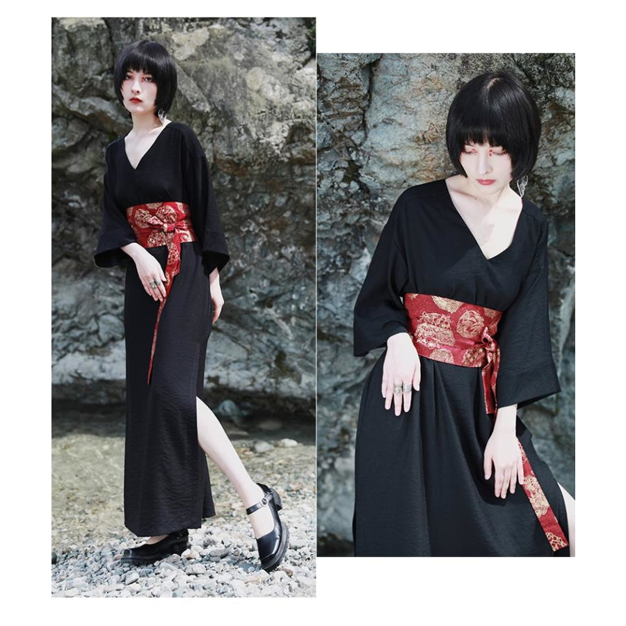 V-Neck Cool Slit Kimono Improved Black Dress