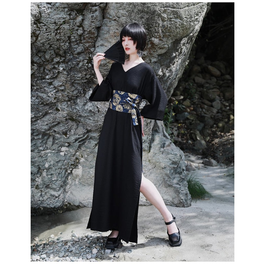 V-Neck Cool Slit Kimono Improved Black Dress