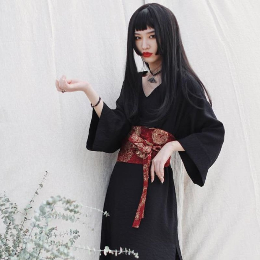 V-Neck Cool Slit Kimono Improved Black Dress