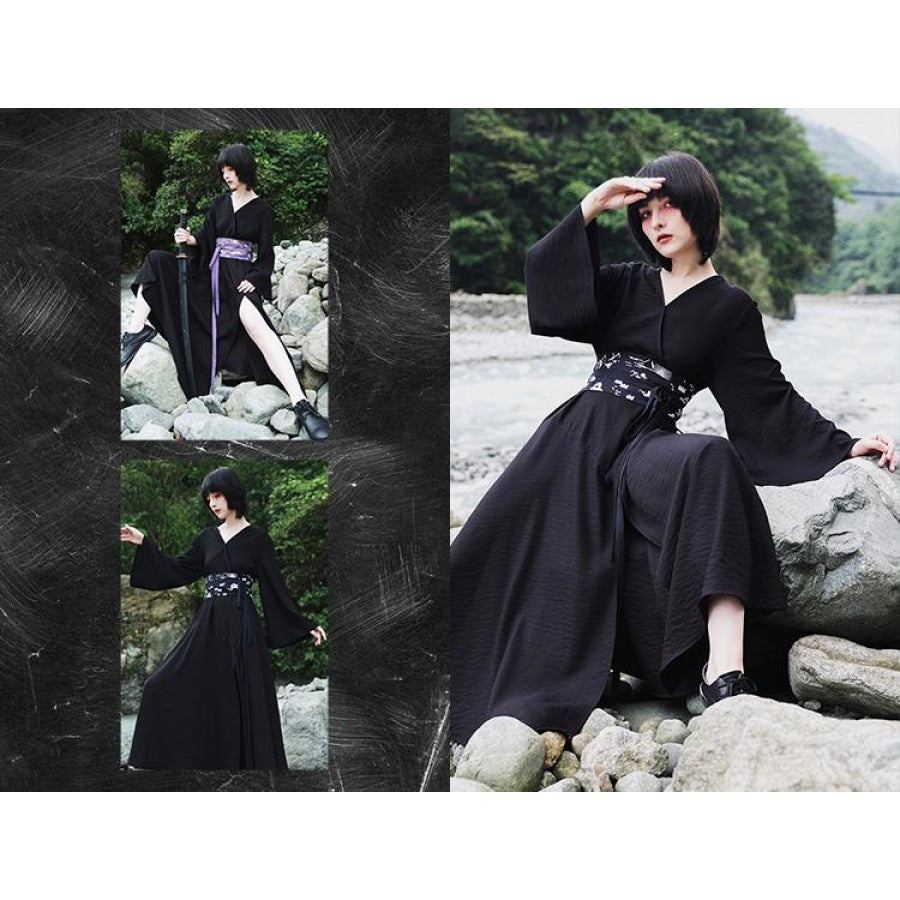 V-Neck Cool Slit Kimono Improved Black Dress