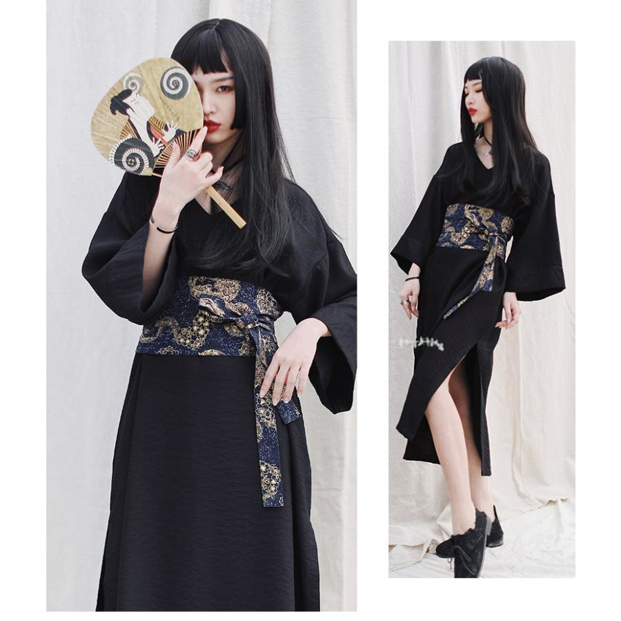 V-Neck Cool Slit Kimono Improved Black Dress