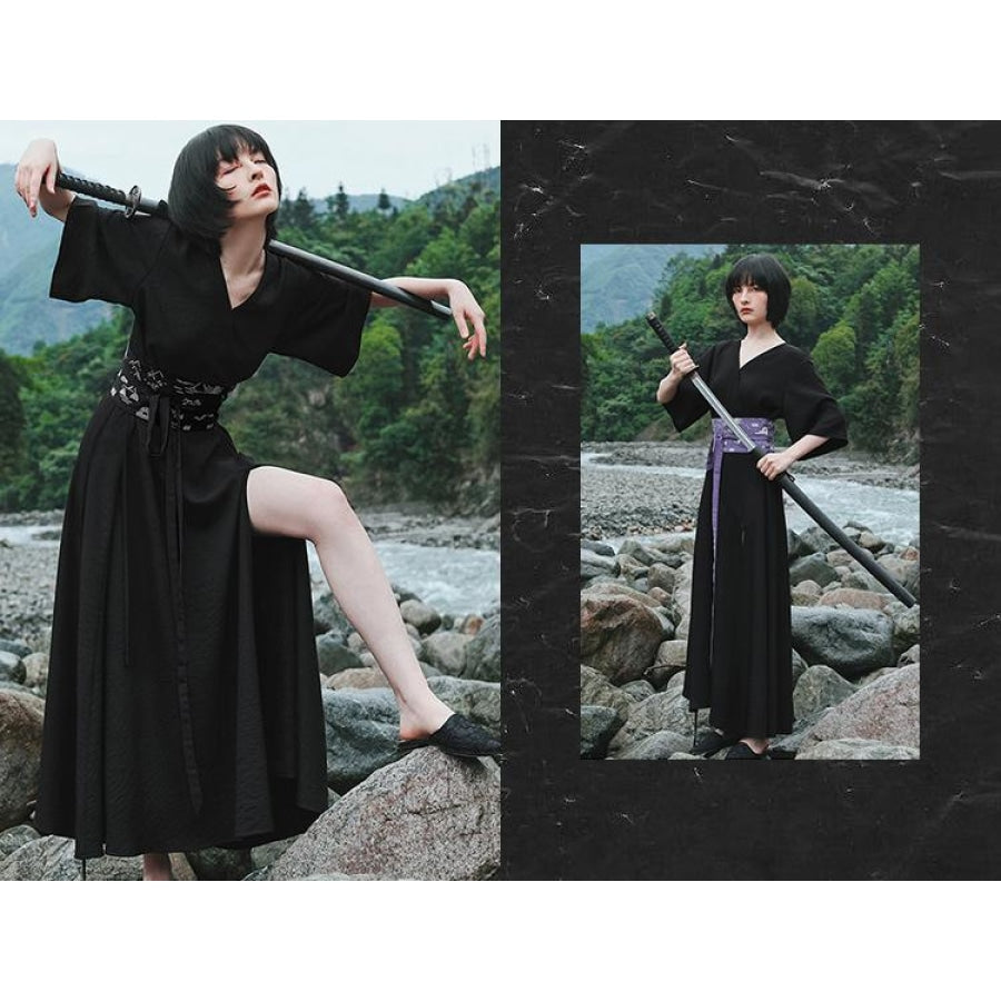 V-Neck Cool Slit Kimono Improved Black Dress