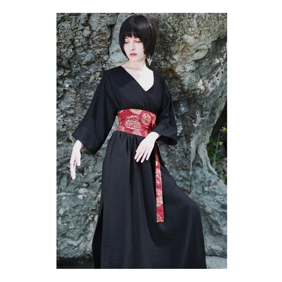 V-Neck Cool Slit Kimono Improved Black Dress