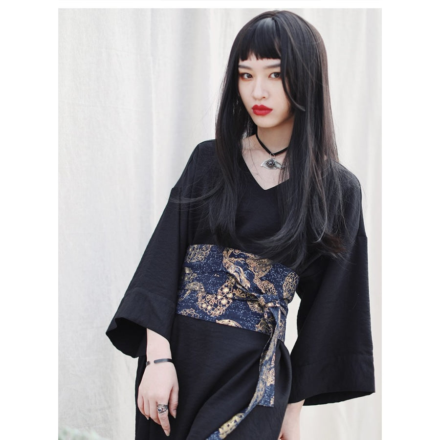 V-Neck Cool Slit Kimono Improved Black Dress