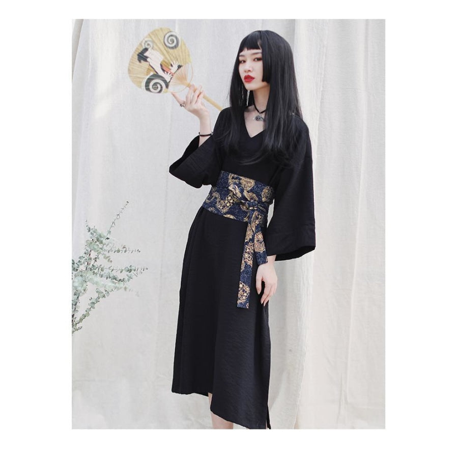 V-Neck Cool Slit Kimono Improved Black Dress