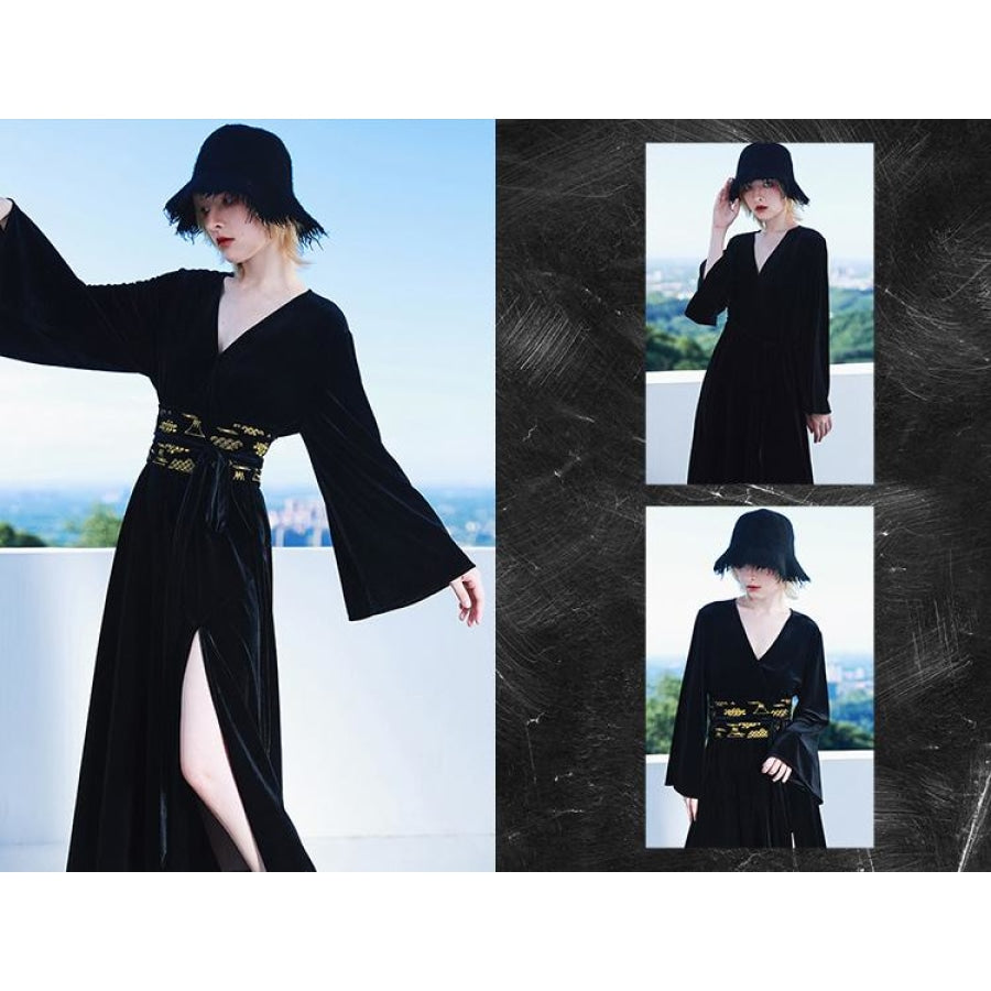 V-Neck Cool Slit Kimono Improved Black Dress