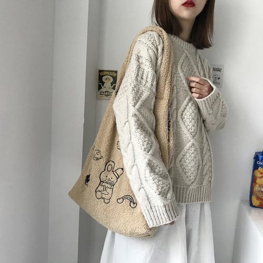 Wander In The Universe Cute Faux Wool Shopper Bag Hobo/tote C00065 Universal Brown Planet Rabbit