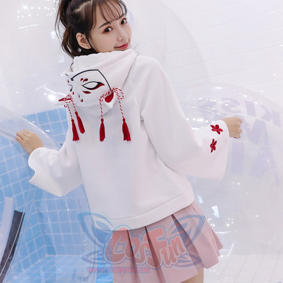 White Fox Ghost Face Embroidery Tassels Hoodies Sweatshirt