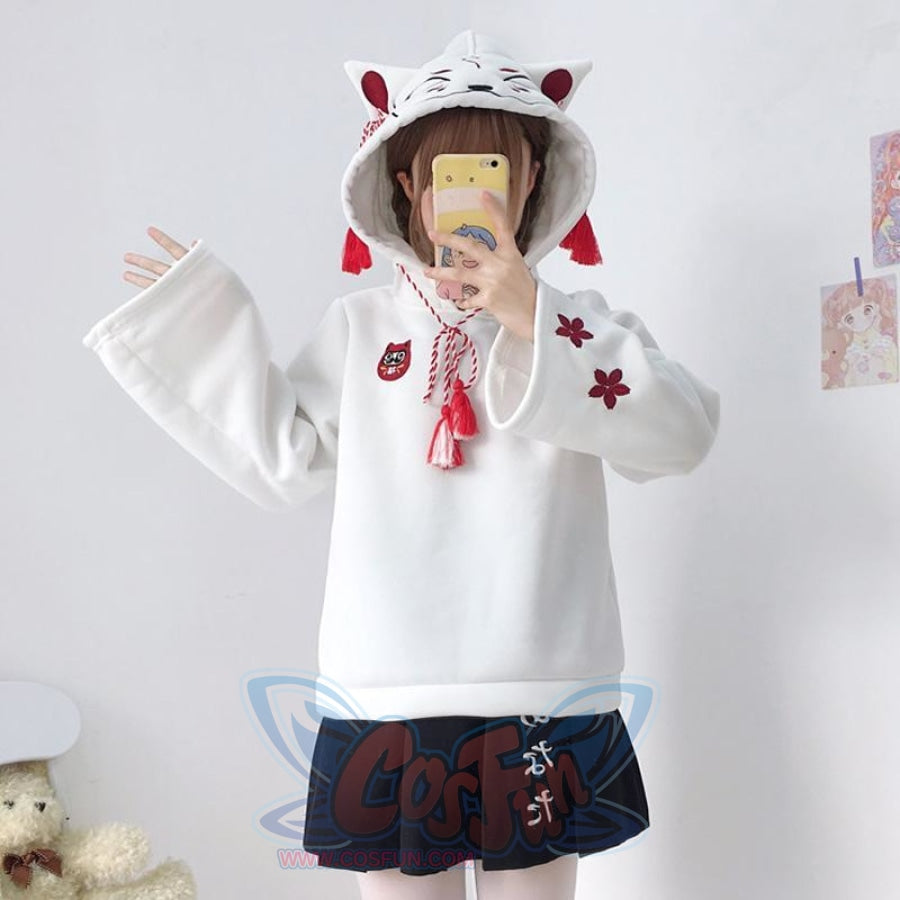 White Fox Ghost Face Embroidery Tassels Hoodies Sweatshirt